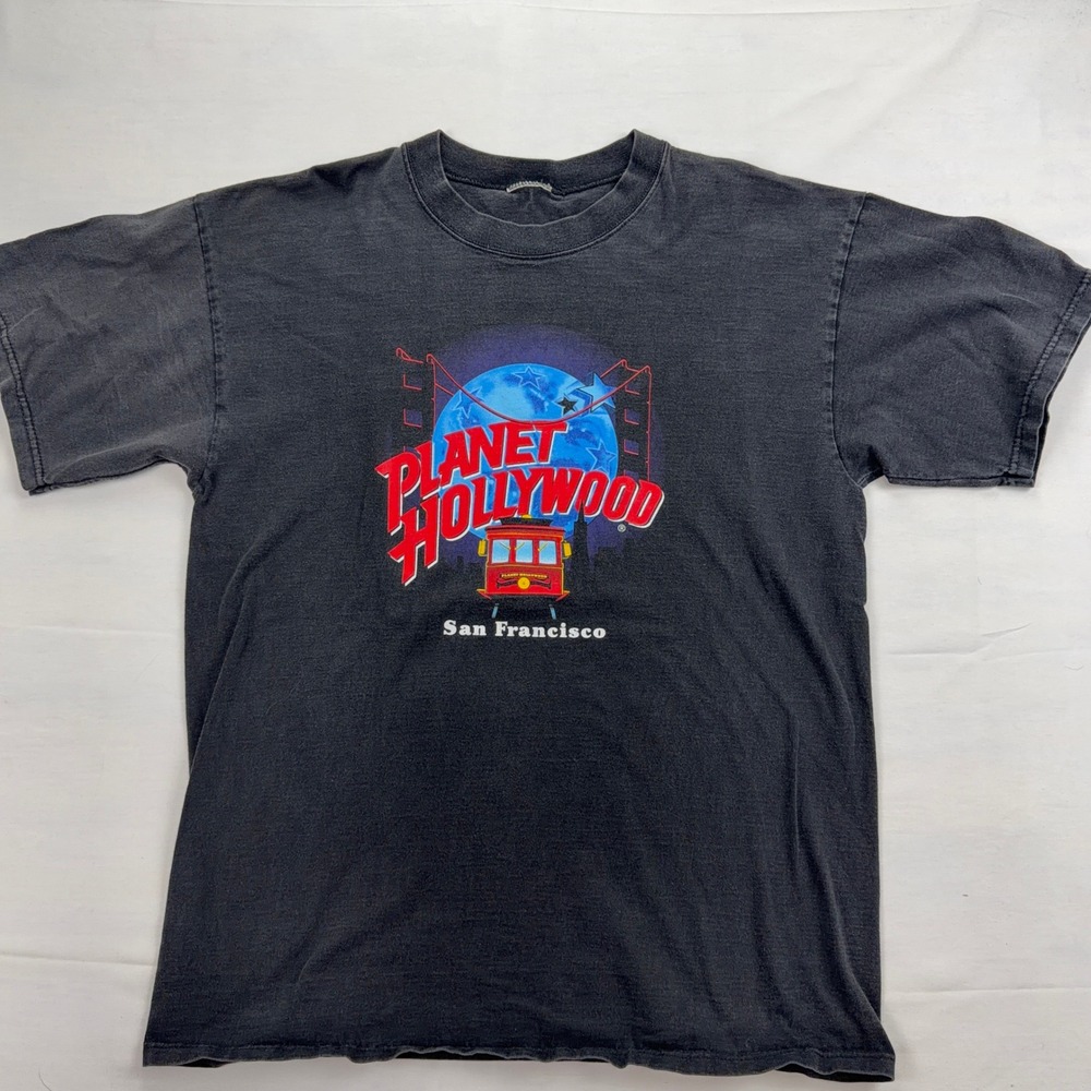 Vintage 90s Faded Tourist Graphic T-Shirt Mens‎ M Black Planet Hollywood SF
